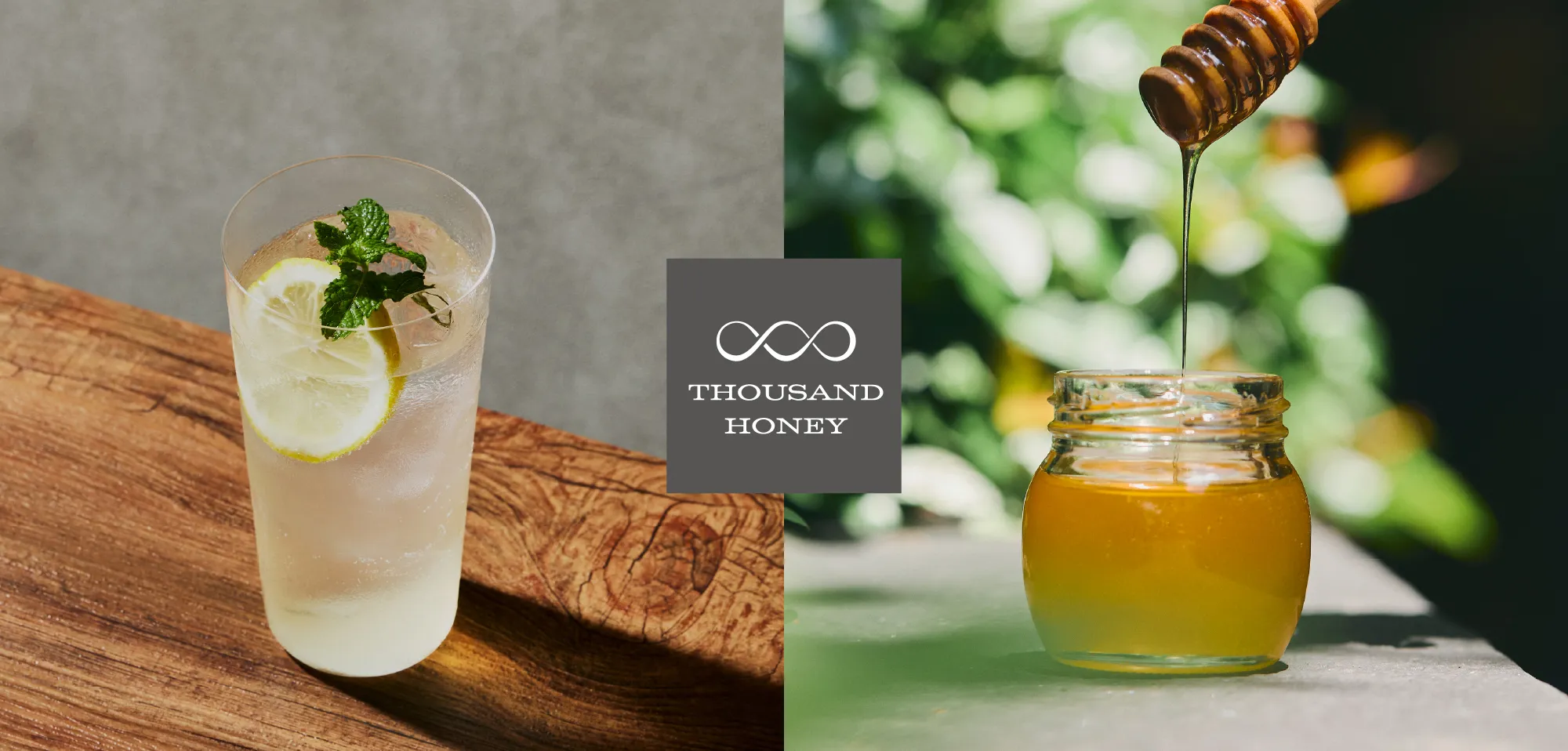 THOUSAND HONEYのロゴ。THOUSAND HONEY Fizz (サウザンドハニーフィズ)、右側に巣箱に集まるミツバチの写真