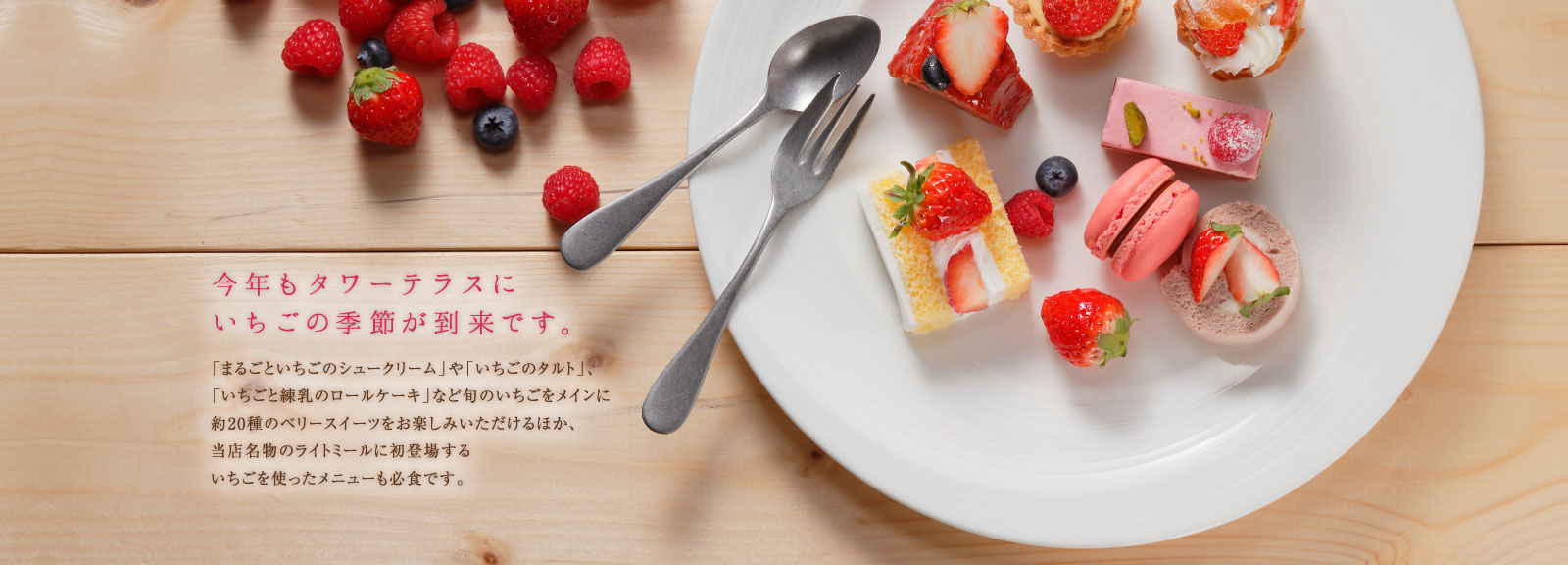 今年もタワーテラスにいちごの季節が到来です。「まるごといちごのシュークリーム」や、「いちごのタルト」、「いちごと練乳のロールケーキ」など旬のいちごをメインに約20種のベリースイーツをお楽しみいただけるほか、当店名物のライトミールに初登場するいちごをつかったメニューにも必食です。
