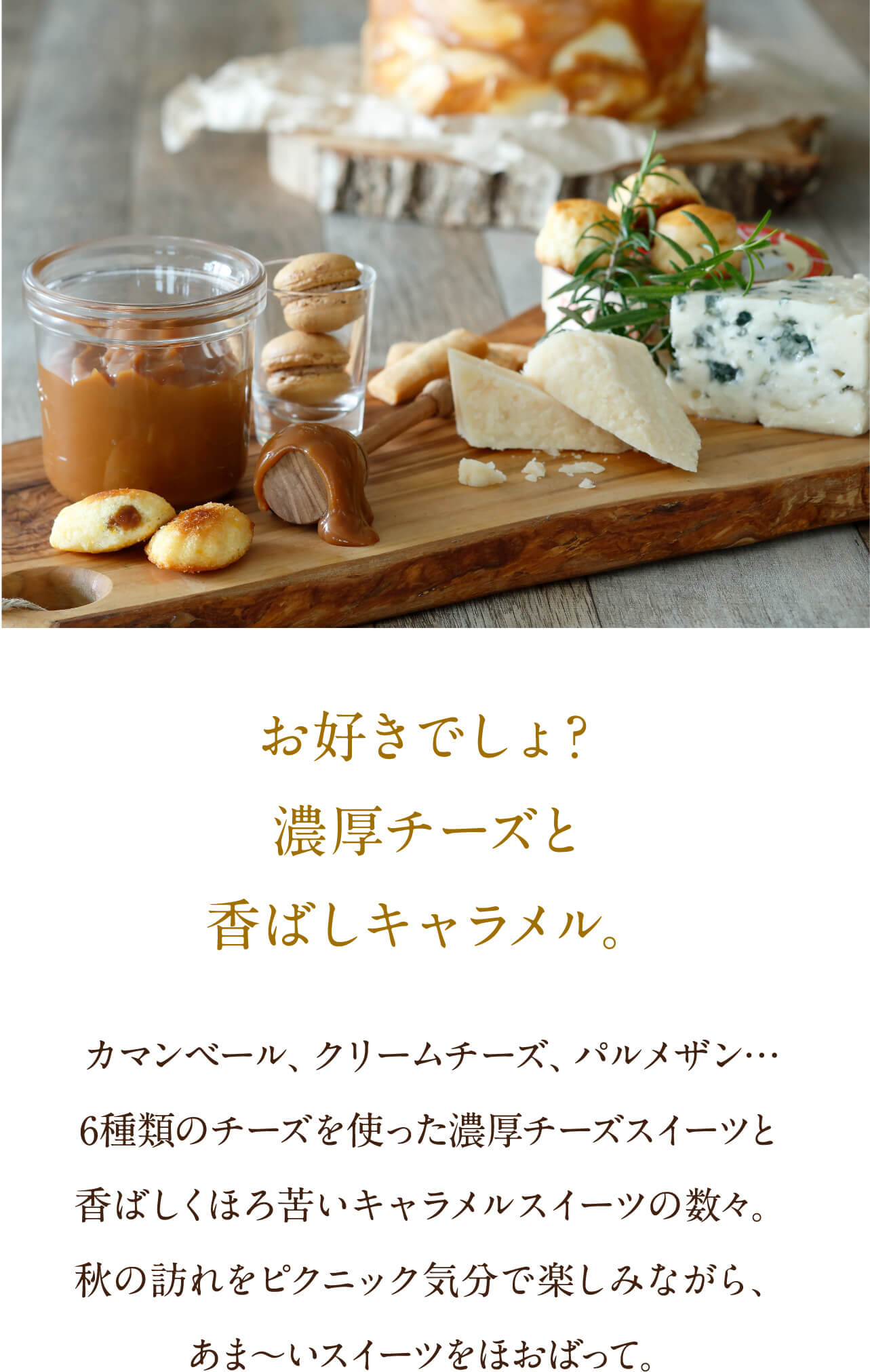 お好きでしょ?濃厚チーズと香ばしキャラメル。カマンベール、クリームチーズ、パルメザン…6種類のチーズを使った濃厚チーズスイーツと香ばしくほろ苦いキャラメルスイーツの数々。秋の訪れをピクニック気分で楽しみながら、あま〜いスイーツをほおばって。